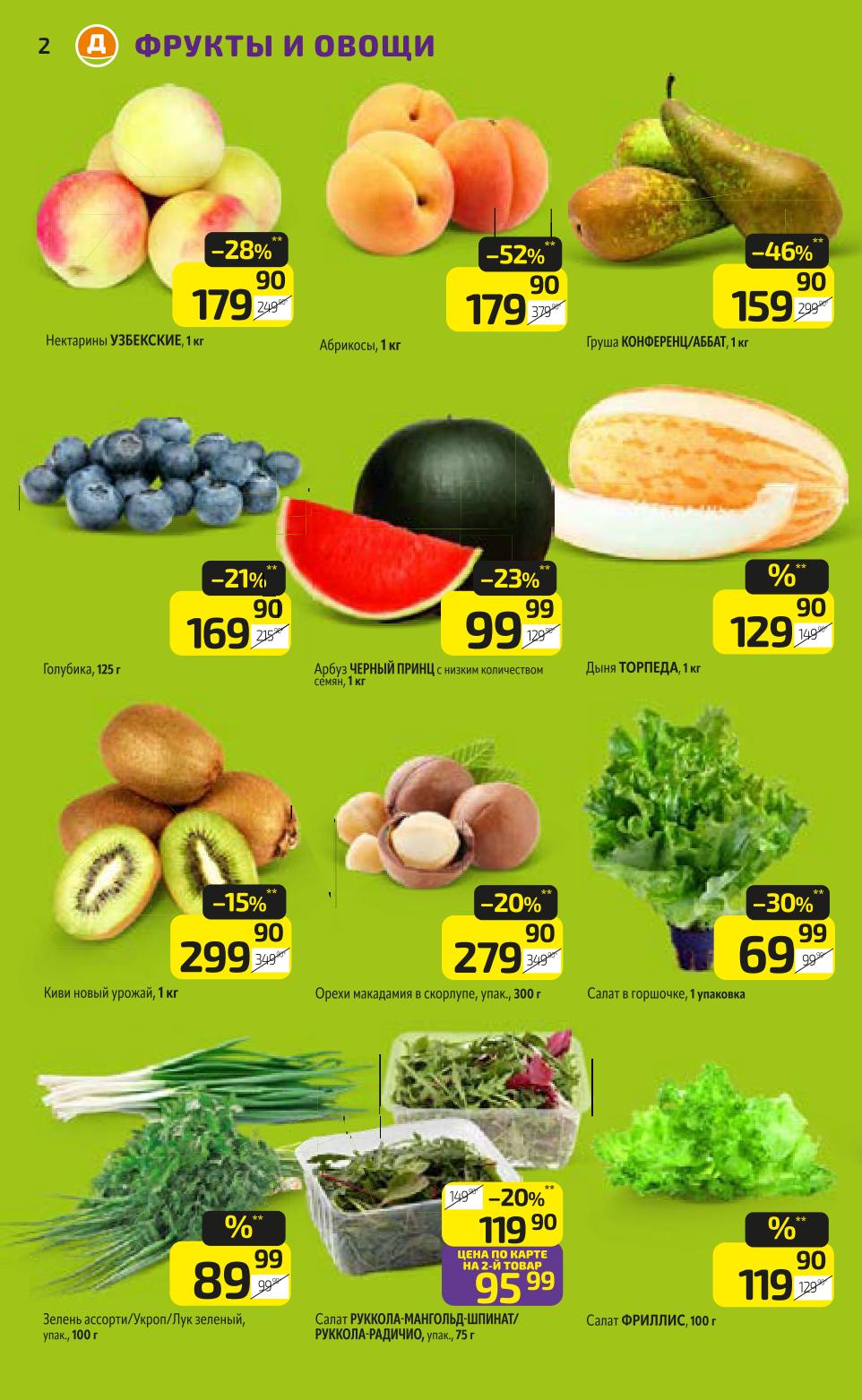 Акция на свежие фрукты и овощи: узбекские нектарины -28% за 179р/кг, абрикосы -52% за 179р/кг, груша Конференц -46% за 159р/кг, дыня Торпеда -25% за 159р. Также киви, орехи макадамия, салаты и зелень по выгодным ценам. Спешите приобрести!